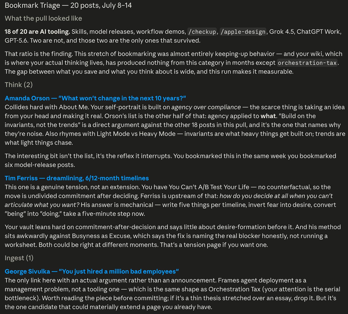 Claude Code X bookmark triage report with 18 AI tool updates dropped, two Think results, and one Ingest candidate