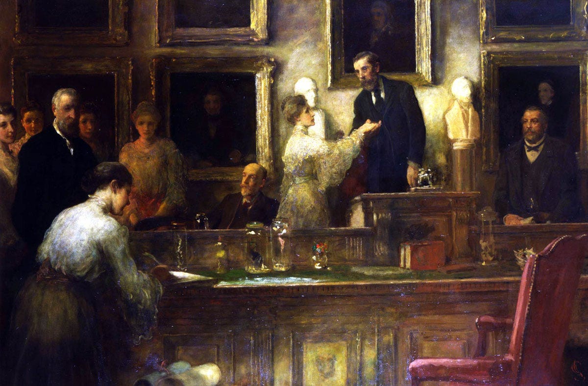 A painting showing men and women in a grand room. The women are being welcomed into a membership society, one is signing a membership book