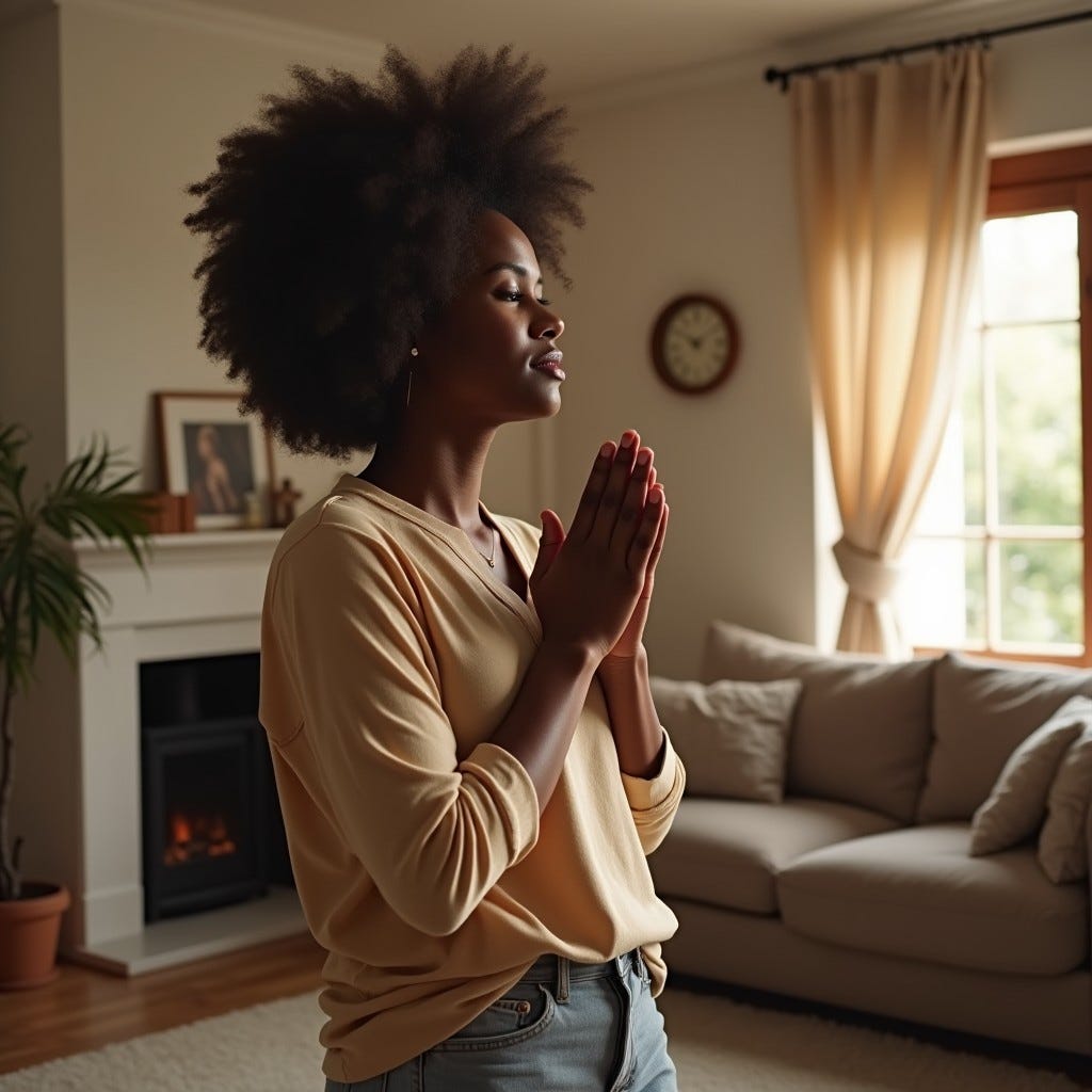 Provide me a realistic image of an African American woman in relaxed clothing praying in the middle of her living room Provide me a realistic image of an African American woman in relaxed clothing praying in the middle of her living room