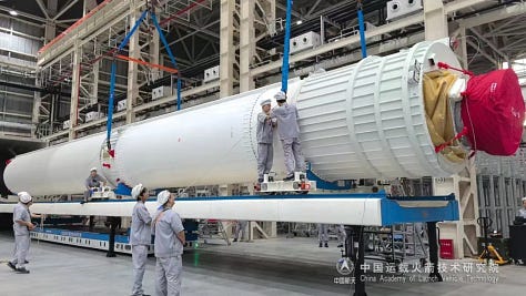 The boosters, first-stage, second-stage, and fairing of the Long March 8A being prepared for its December 6th 2025 mission.