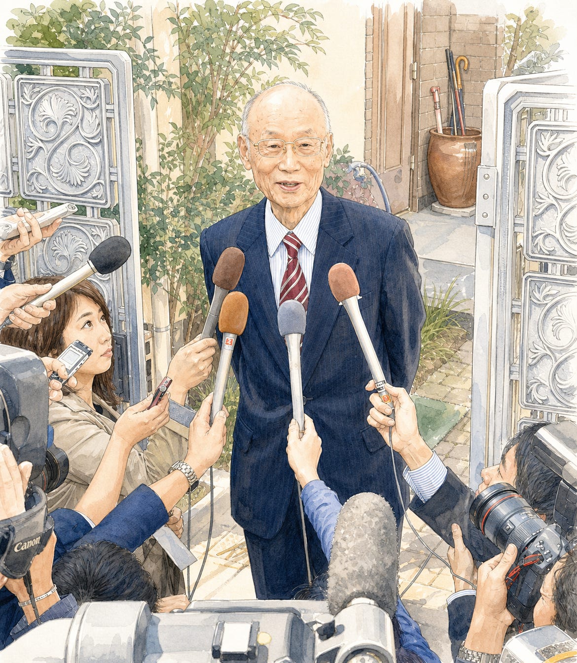 A professional pastel line drawing of an elderly man speaking to reporters with microphones. A professional pastel line drawing of an elderly man speaking to reporters with microphones.