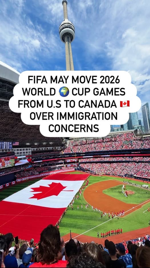 May be an image of 1 person, the CN Tower, crowd and text that says 'FIFAMAYMOVE2026 2026 FIFA MAY MOVE WORLD CUP GAMES FROM U.S TO CANADA OVER IMMIGRATION CONCERNS នរំងលត'