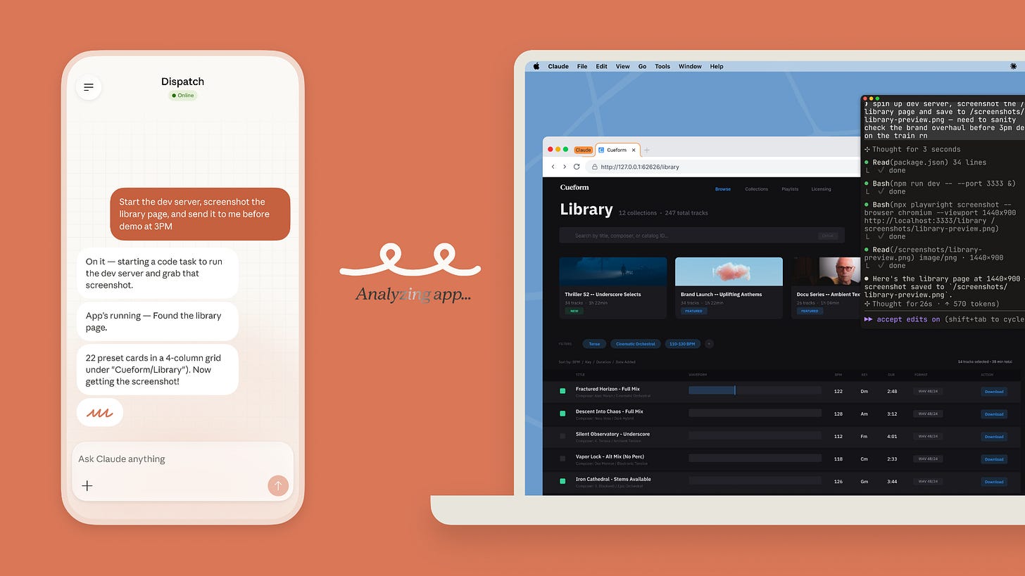 Claude mobile task dispatches work to a desktop app, showing automated app analysis in progress. Claude mobile task dispatches work to a desktop app, showing automated app analysis in progress.
