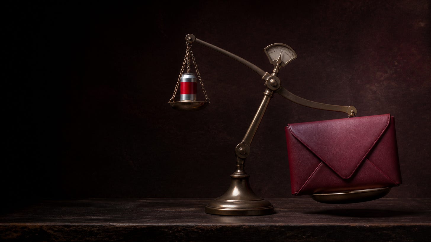 A brass balance scale with a small can on one side and a large red envelope on the other.
