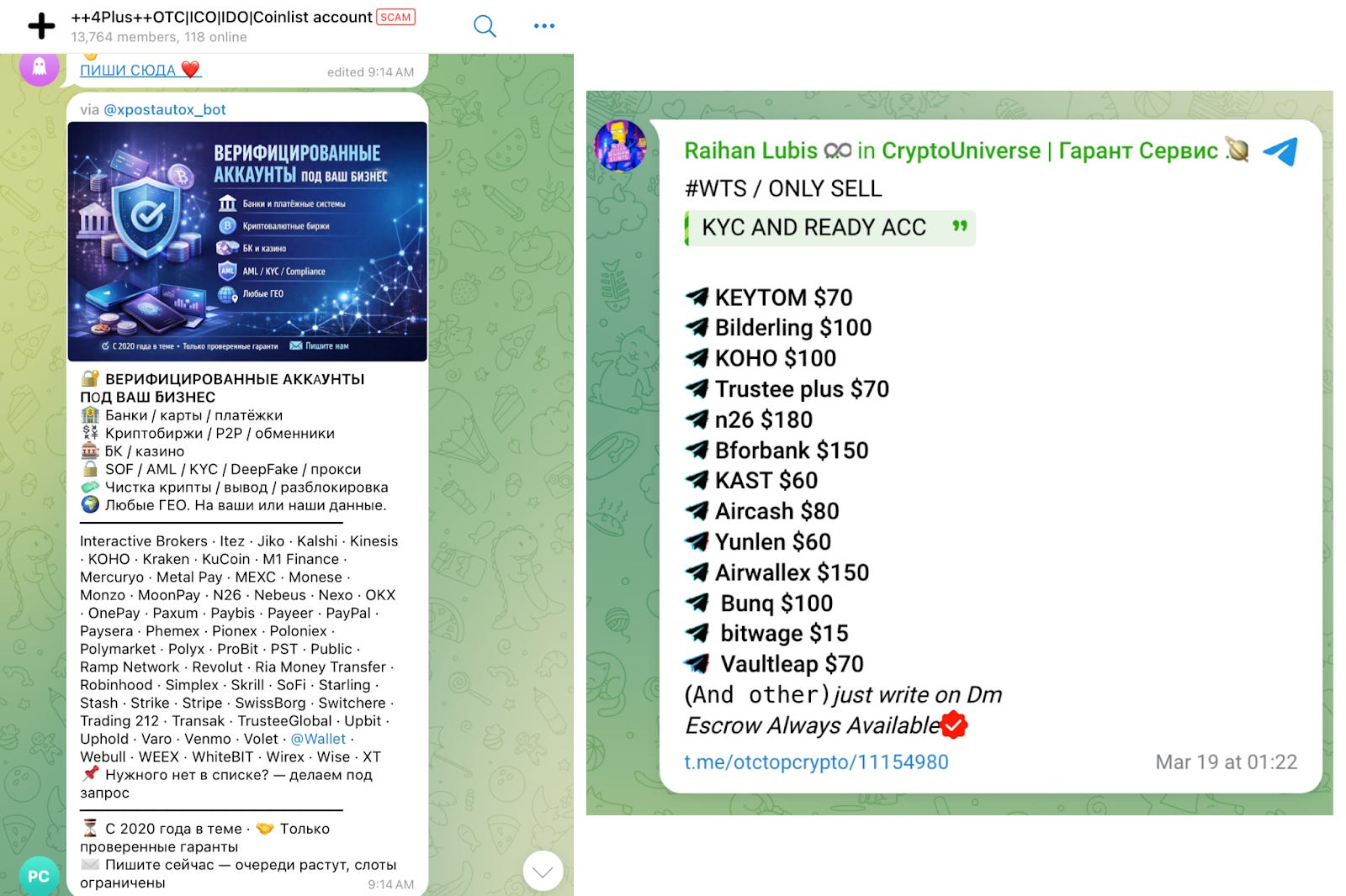 Two Telegram screenshots show advertisements for fraudulent KYC account farming services. The left screenshot shows a Russian-language advertisement titled “Verified Accounts for Your Business,” listing services including bank accounts, crypto exchanges, bookmakers, KYC bypass, deepfake proxies, and crypto cleaning, along with a long list of supported financial platforms (including Polymarket). The right screenshot shows an English-language post advertising pre-verified accounts for sale across dozens of platforms, with prices ranging from $15 to $180, including Polymarket, Robinhood, Airwallex, Bunq, and others.