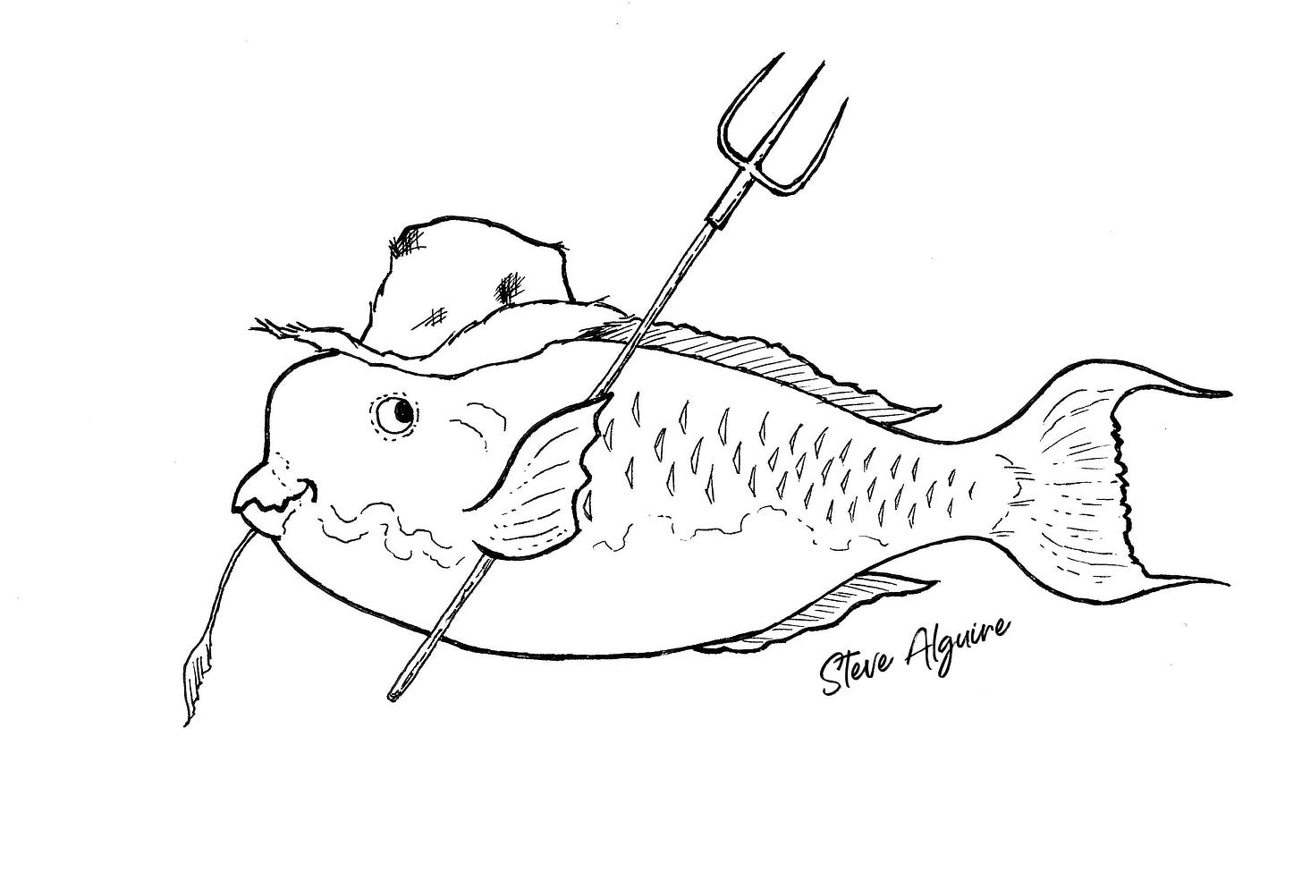 A thick-bodied fish wears a farmer's straw hat, carries a pitchfork under his fin, and has a single piece of straw (or is it seaweed) hanging out of his beak-like mouth.