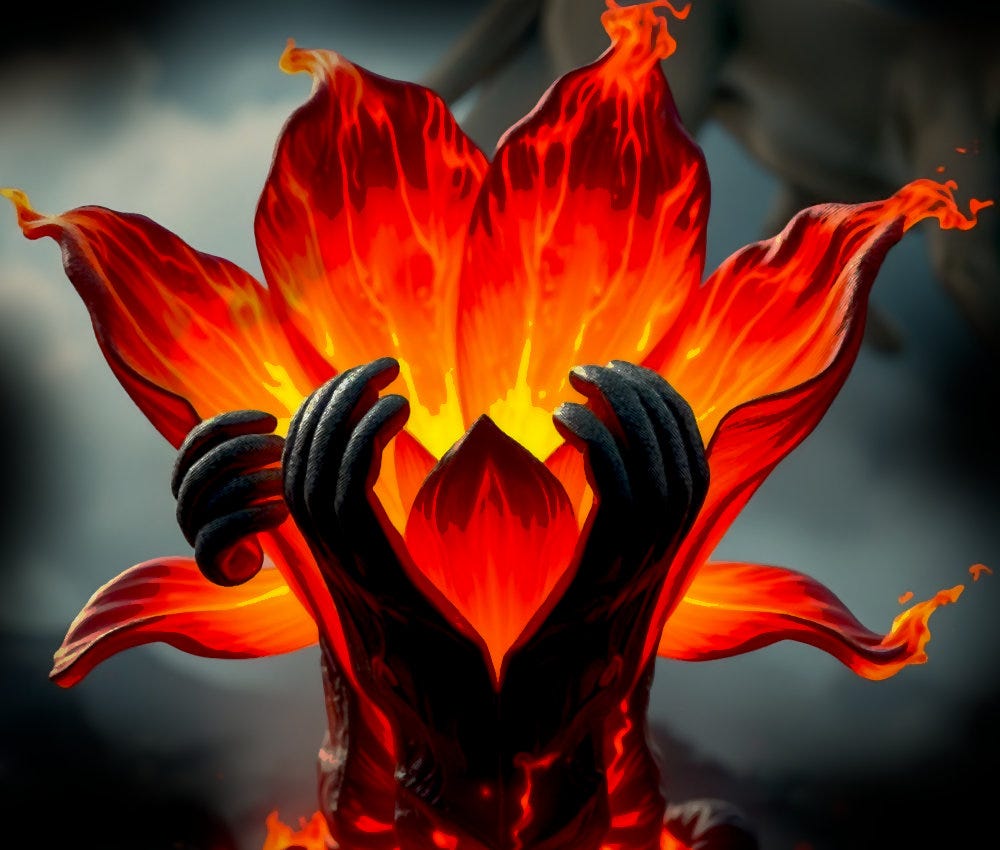 A pair of hands giving rise to a flaming lily, another hand reaches into the flames tenderly.