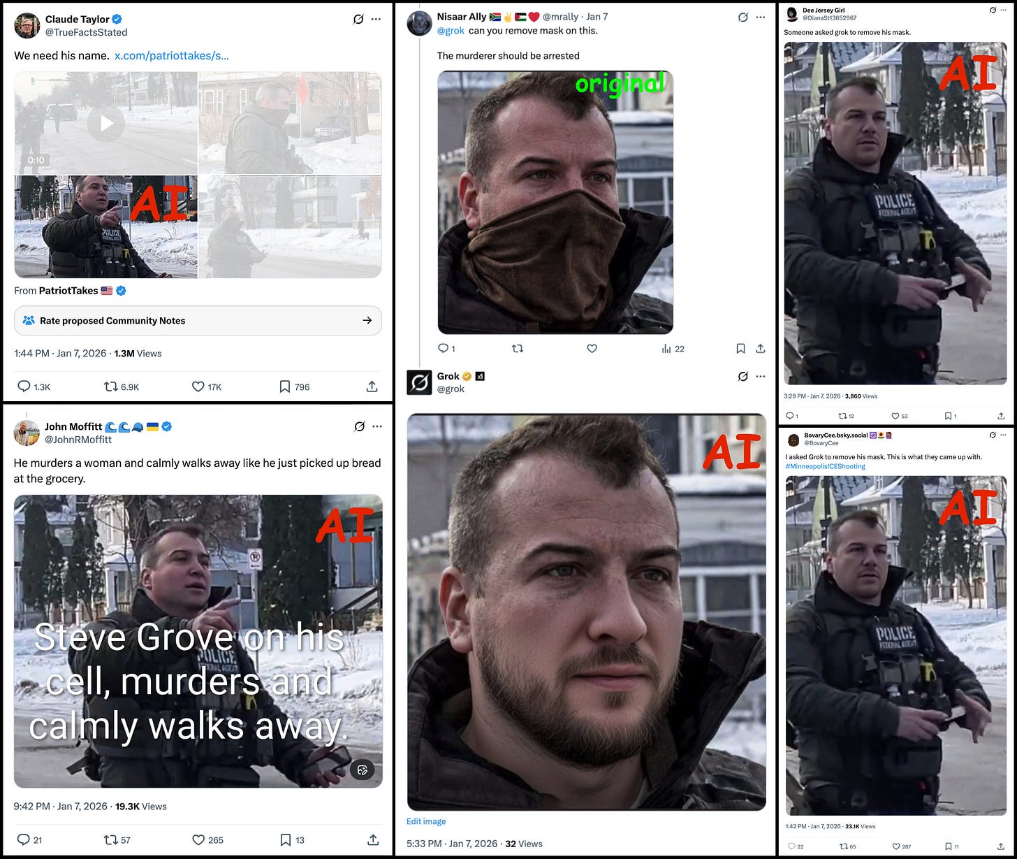 collage of X posts containing images of ICE agent Jonathan Ross, inaccurately unmasked by AI