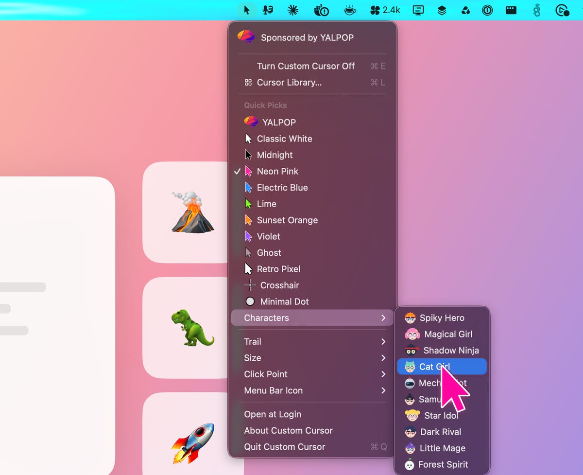 The Custom Cursor menu bar menu open with the Characters submenu showing, and a pink arrow cursor hovering over Cat Girl