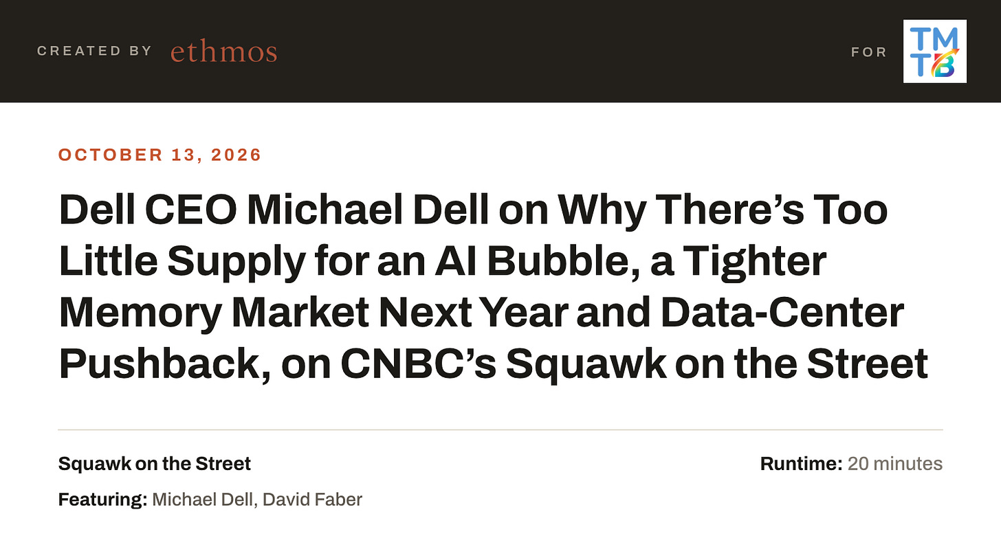 Dell CEO Michael Dell on Why There’s Too Little Supply for an AI Bubble, a Tighter Memory Market Next Year and Data-Center Pushback, on CNBC’s Squawk on the Street Dell CEO Michael Dell on Why There’s Too Little Supply for an AI Bubble, a Tighter Memory Market Next Year and Data-Center Pushback, on CNBC’s Squawk on the Street