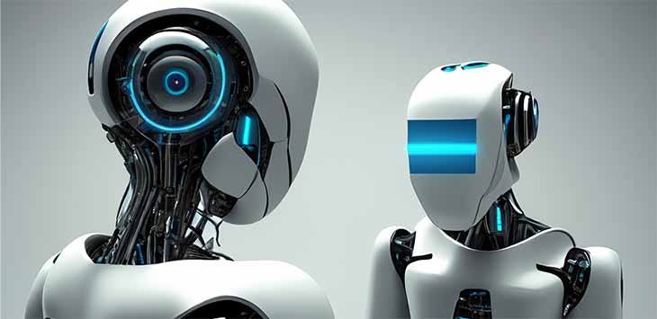 AI generated image of a robot looking at itself in a large mirror.