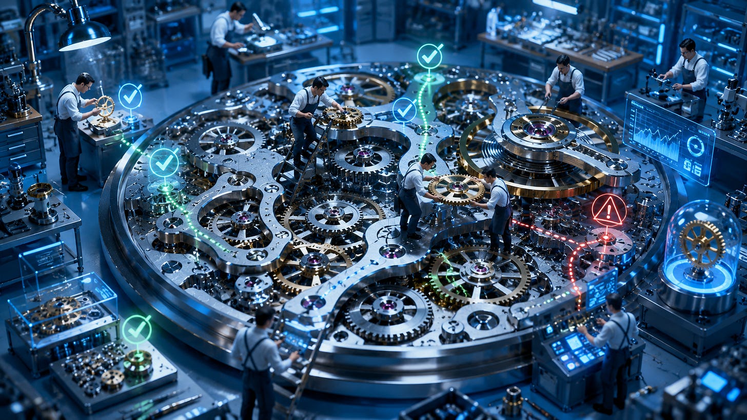 Miniature engineers adjust a giant watch mechanism, symbolizing safe configuration changes. 