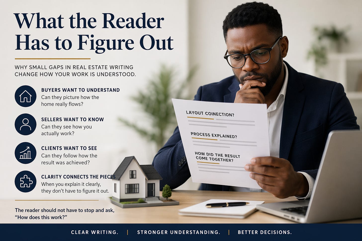 A homebuyer reviewing a property listing and scrolling back to reread the description due to unclear layout.