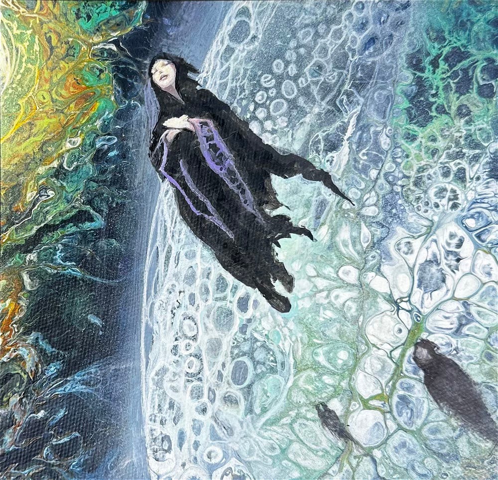 A woman in dark robes holds her hands crossed over her chest as she floats upward from a planet toward a warm splash of color at the edge of the panel left. The color patterns of the planet—rendered in white, blue, and green—and the warm space beyond are abstract swirls and bubbles. Her hood is up, exposing only the pale skin of her face, and her eyes are closed as if deep in meditation. Purple trim trails the hem of the long gap of her sleeves. Two other figures ascend behind her.