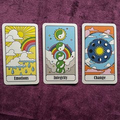 Oracle cards reading "emotions," "integrity," and "change," from The Journey deck.