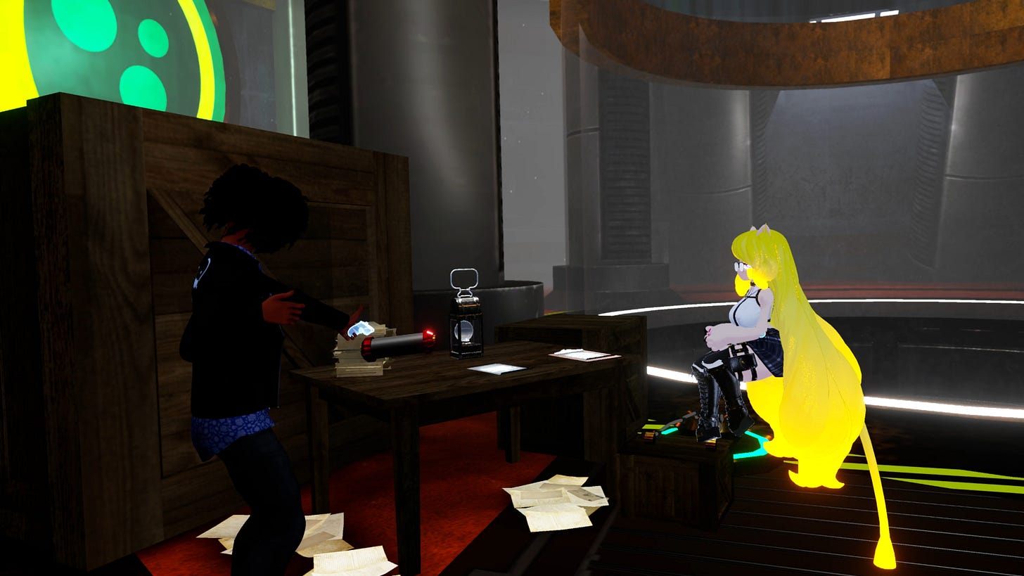 This is an image of ArmaniXR holding a fuse in-world as an example of an interactable object with Salena in Tenebrous 3.