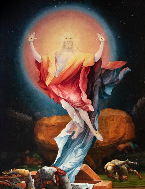 Noli me tangere fresco by Fra Angelico, Resurrection icon by Ivanka Demchuk, and Resurrection within the Isenheim Altarpiece by Matthias Grünewald.
