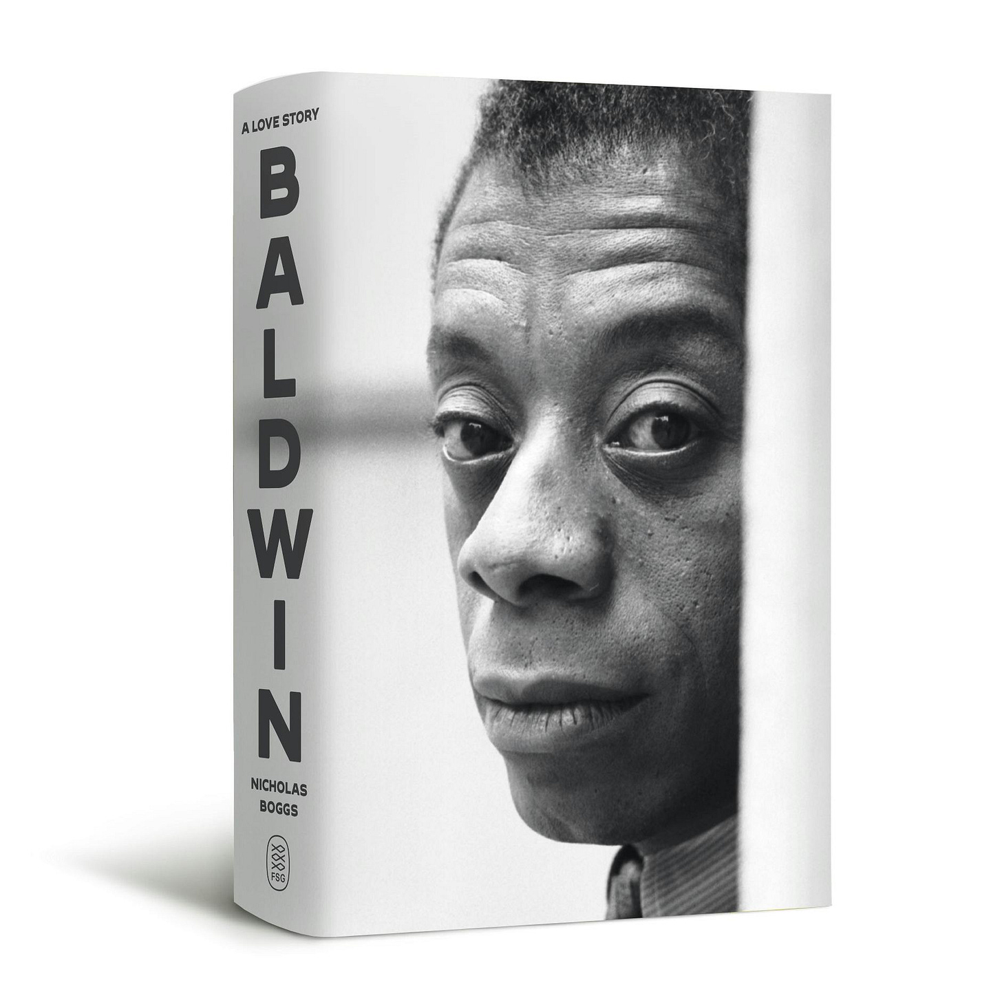 Cover of Nicholas Boggs' new biography of James Baldwin, "Baldwin: A Love Story" with a black-and-white photo of Baldwin on the cover.
