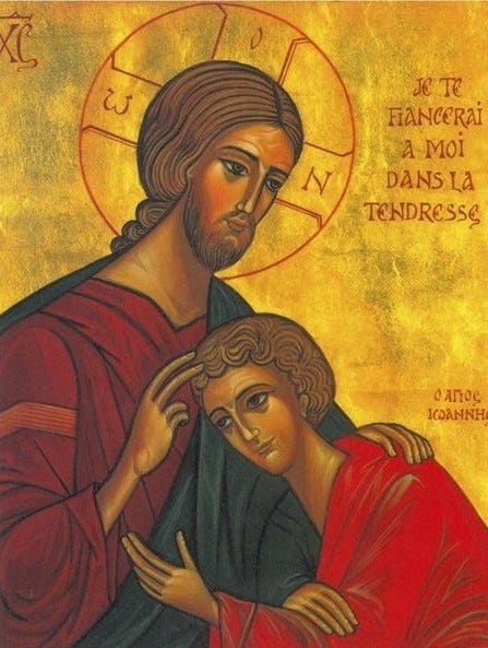 This icon of #StJohn the Beloved Disciple with Jesus is a favourite for  many #RSCJ, reminding us of our #vocation, & these words from our  Constitutions: "Jesus calls us to a personal