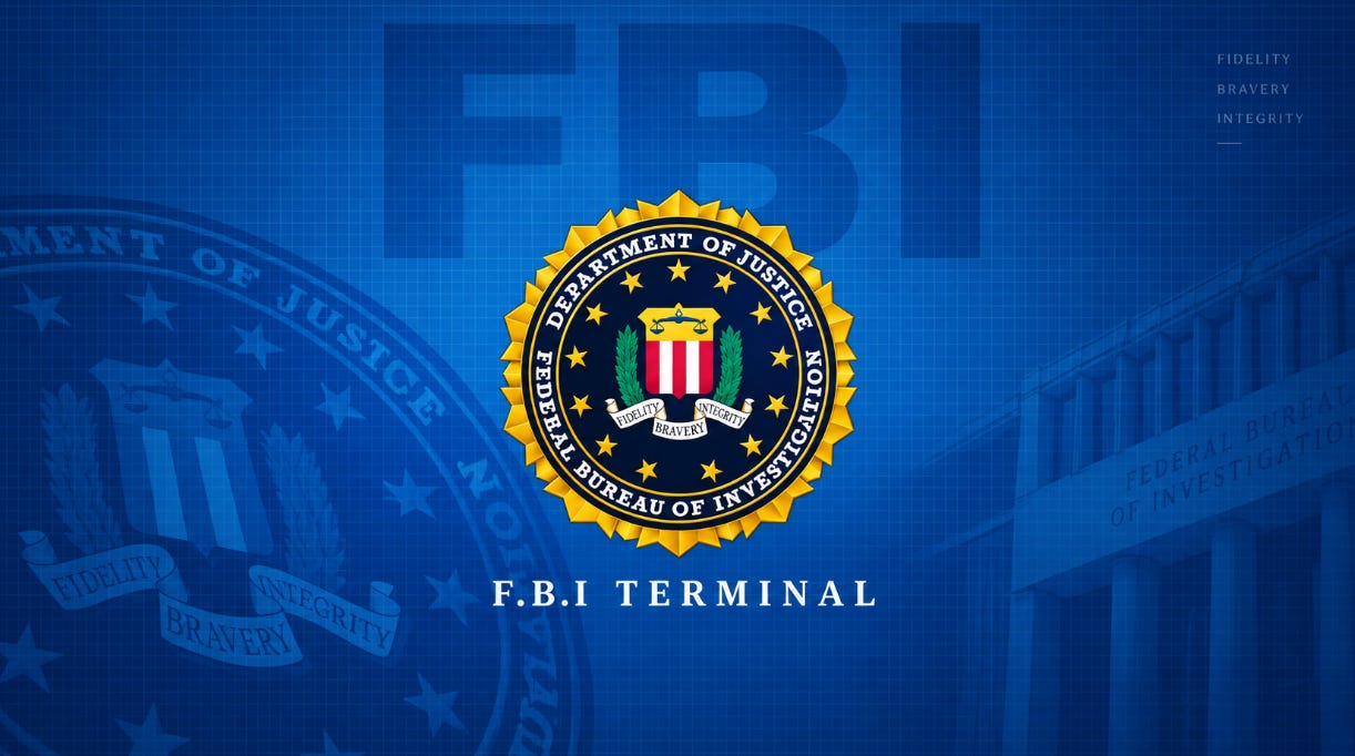 FBI seal with “F.B.I TERMINAL” text on blue background featuring Department of Justice imagery FBI seal with “F.B.I TERMINAL” text on blue background featuring Department of Justice imagery