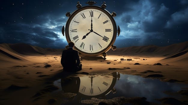 Premium Photo | Time concept with a man sitting in the desert and looking  at the clock