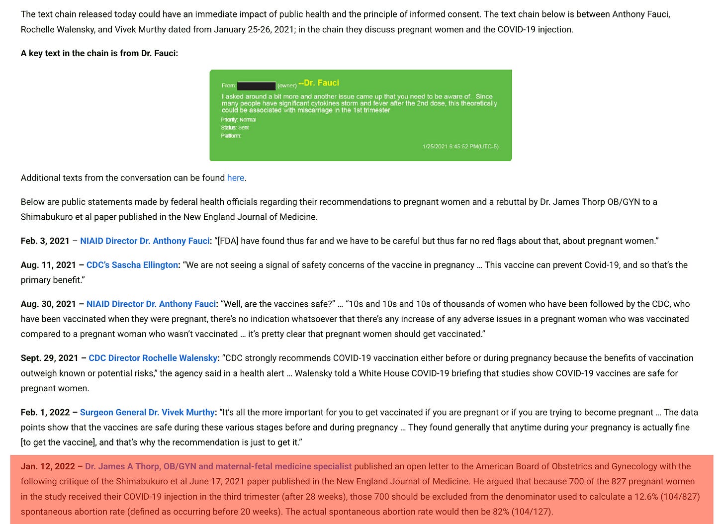 While listed by Senator Johnson, let’s be clear that James Thorp was not part of the text chain and his opinions were not a part of the discussion by Fauci, Walensky, and Murthy!