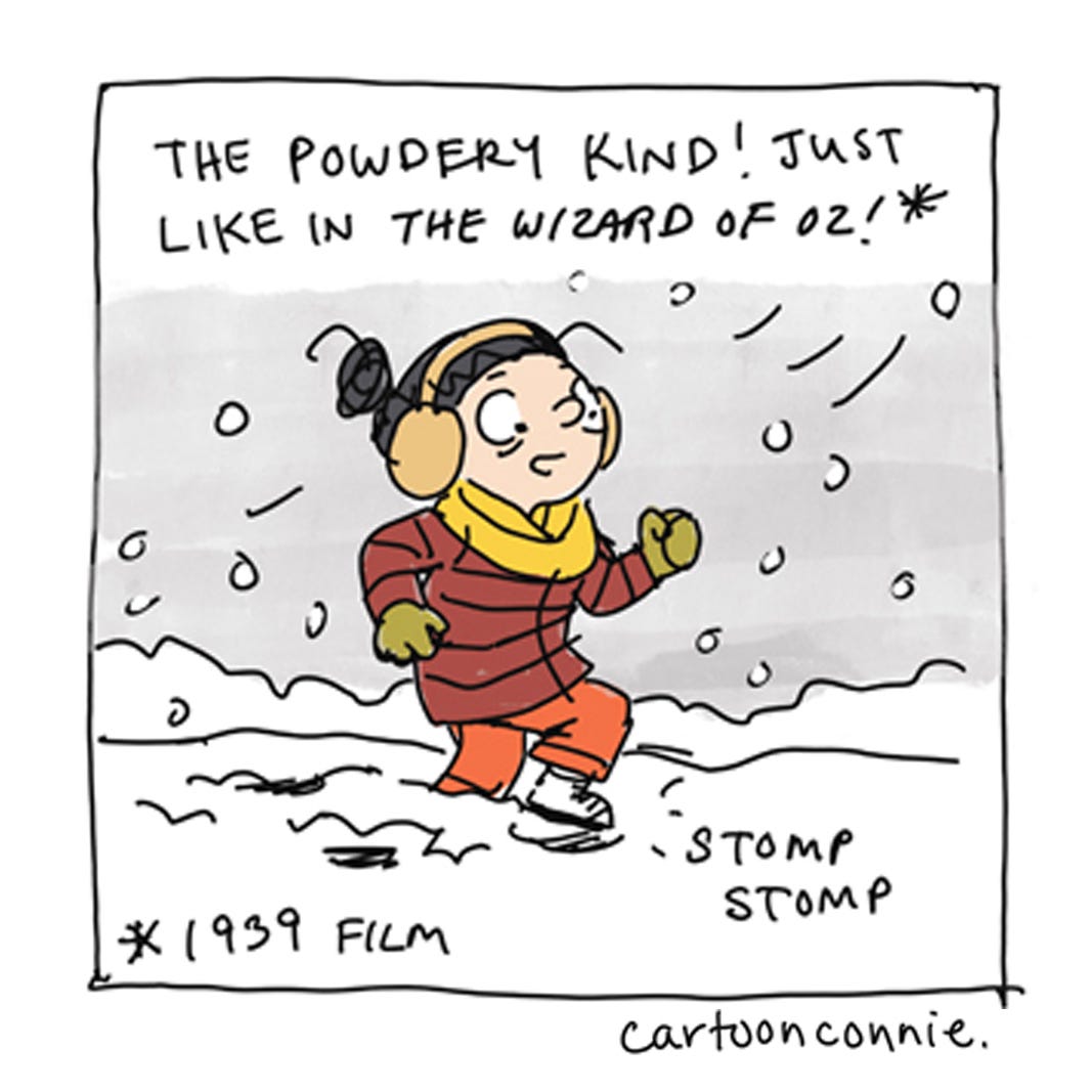 Panel 2 of a 6-panel diary comic about seeing New Yorkers help each other in a snowstorm. Titled "Diary of a Snow Day," original art by Connie Sun, cartoonconnie, 2026.