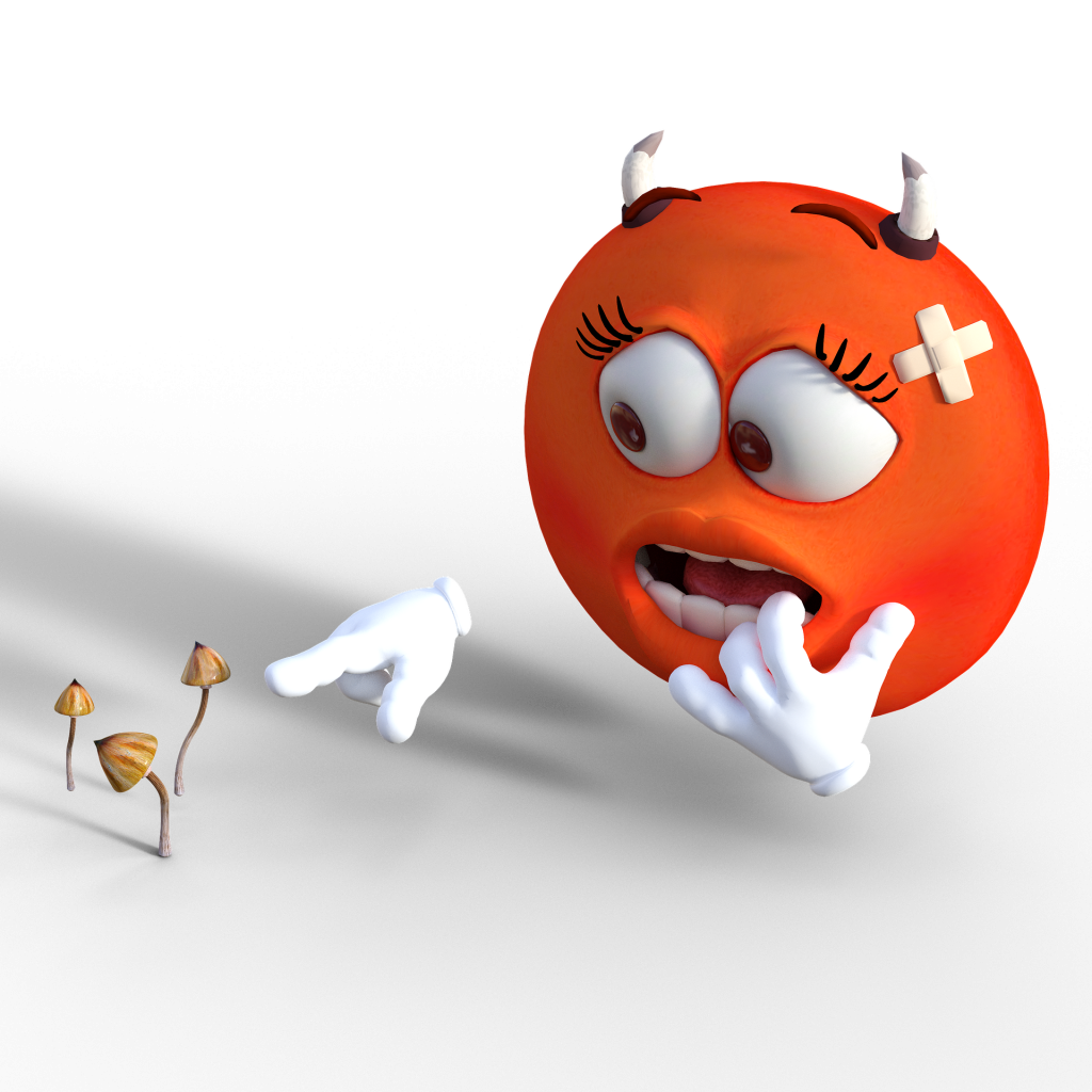 A round red cartoon character with white horns, bulging white eyes, and a look of concern reaches a white gloved hand toward wild growing magic mushrooms. A round red cartoon character with white horns, bulging white eyes, and a look of concern reaches a white gloved hand toward wild growing magic mushrooms.