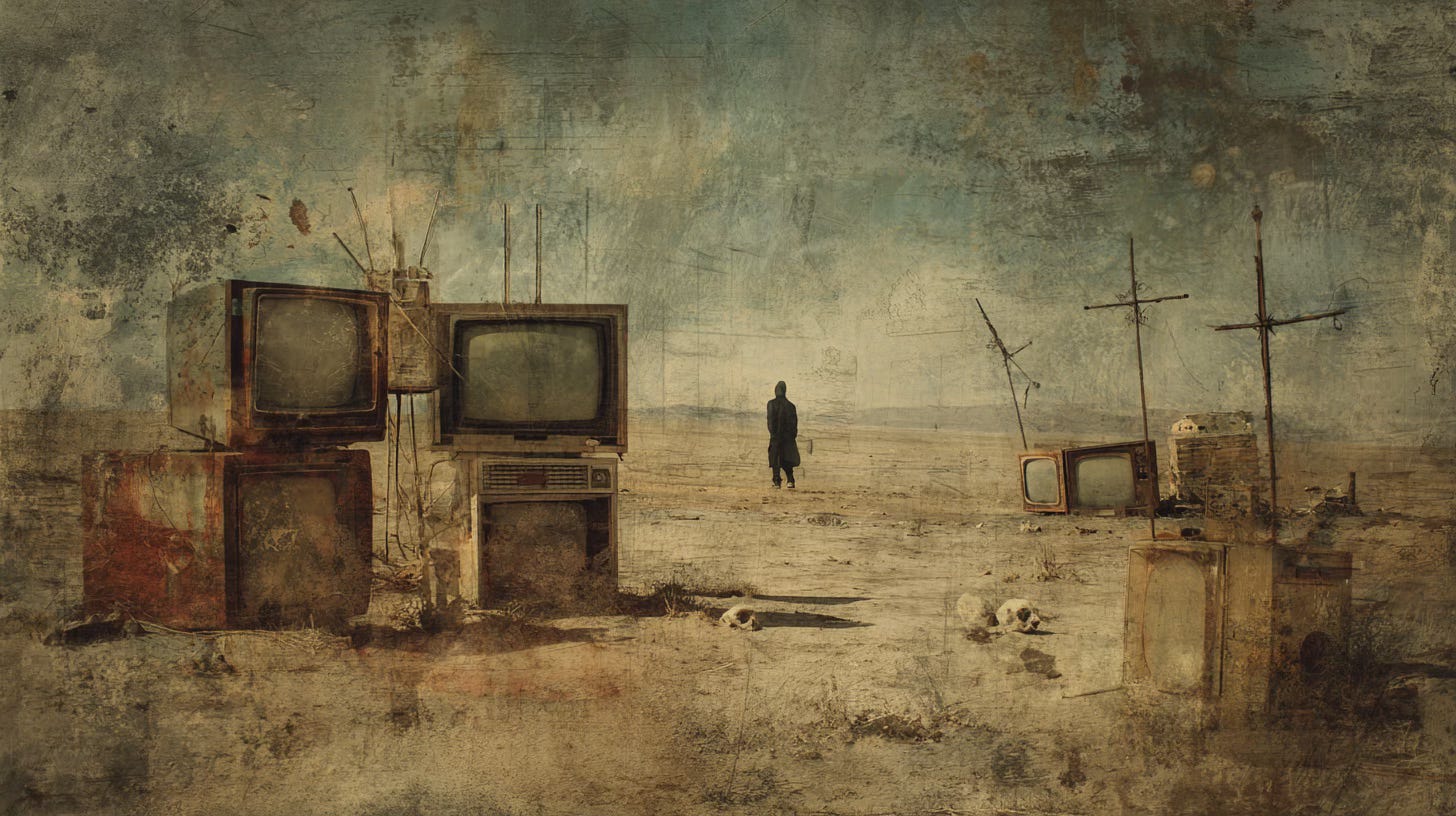 A figure in a black coat stands in a wasteland of old TV’s, crosses and skulls.