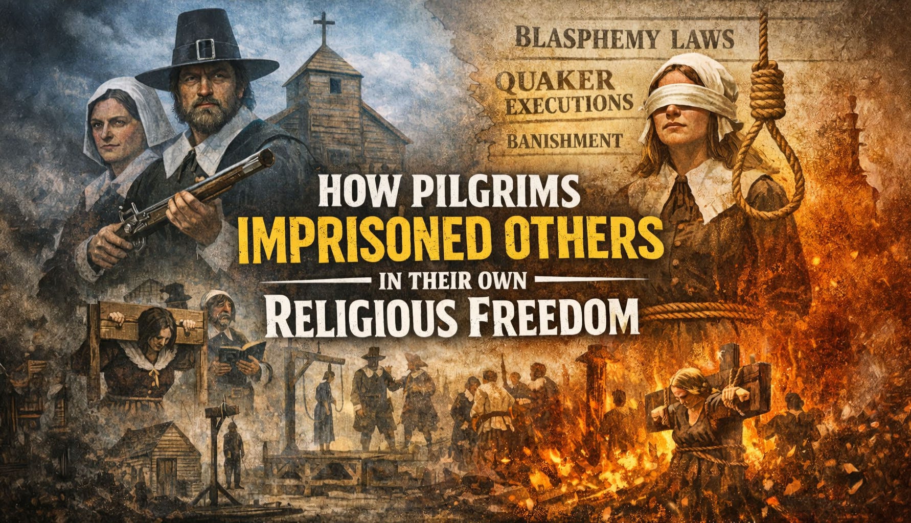 Illustrated historical-style poster showing Puritan Pilgrims enforcing strict religious control and punishment. On the left, armed Pilgrims stand in front of a wooden church; one holds a musket while another looks stern. Below them are scenes of public punishment, including a person in stocks and a hanging platform. On the right, a blindfolded woman stands beside a noose, with flames and executions in the background. Above her is text reading “Blasphemy Laws,” “Quaker Executions,” and “Banishment.” The center of the image contains bold headline text: “How Pilgrims Imprisoned Others in Their Own Religious Freedom,” with “Imprisoned Others” emphasized in yellow. The overall tone is dark, dramatic, and critical, using fire, sepia textures, and historical imagery to convey religious persecution.