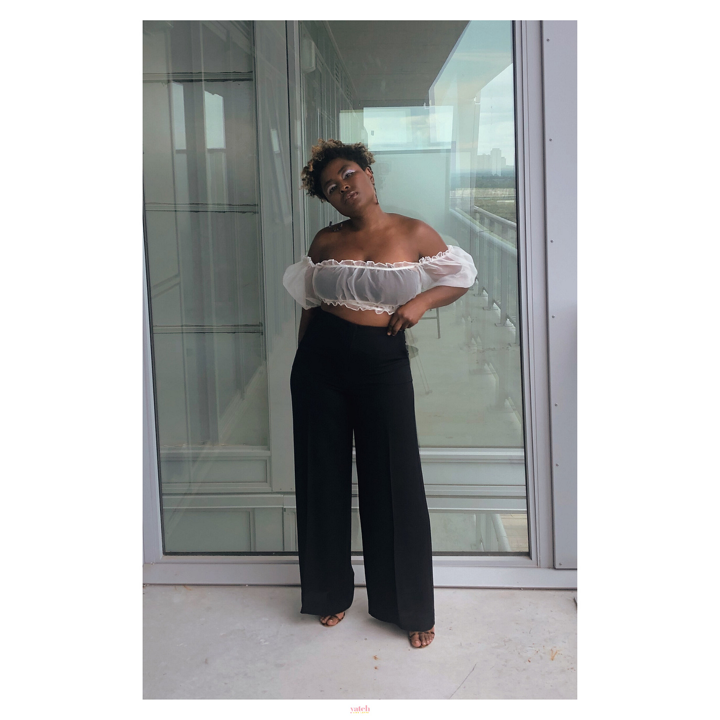 Off-the-shoulder organza top with wide leg silk pants.png