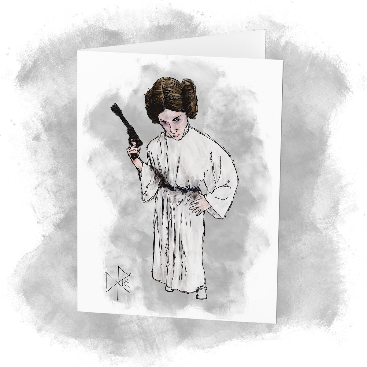 An overhead perspective of Carrie Fisher as Leia Organa, holding a laser pistol and dressed in her classic white gown from Star Wars (1977), later retitled as Star Wars: Episode IV - A New Hope. Sketch art by Don Rice. An overhead perspective of Carrie Fisher as Leia Organa, holding a laser pistol and dressed in her classic white gown from Star Wars (1977), later retitled as Star Wars: Episode IV - A New Hope. Sketch art by Don Rice.