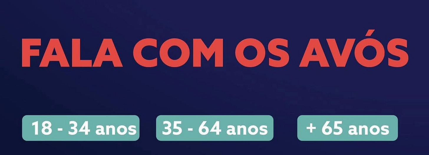 Pode ser uma imagem de texto que diz "FALA COM OS AVÓS 18-34 18- 34 anos 35-64anos 64 anos 35 +65anos + 65 anos"