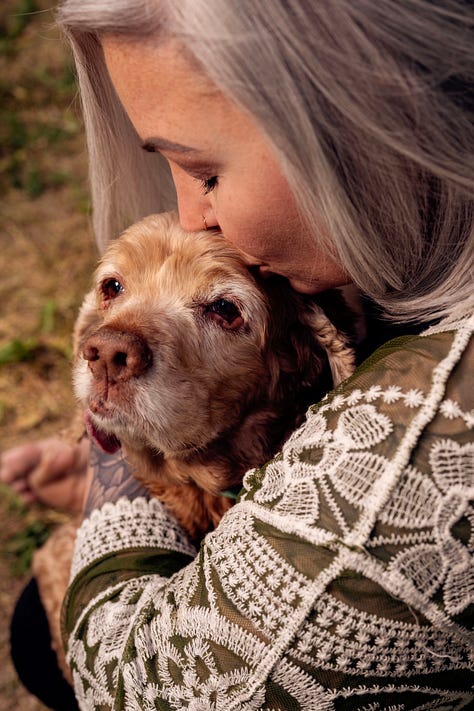 3 photos one with brown and white dog with woman, black and white dog with woman in plaid shirt, white dog and woman in black