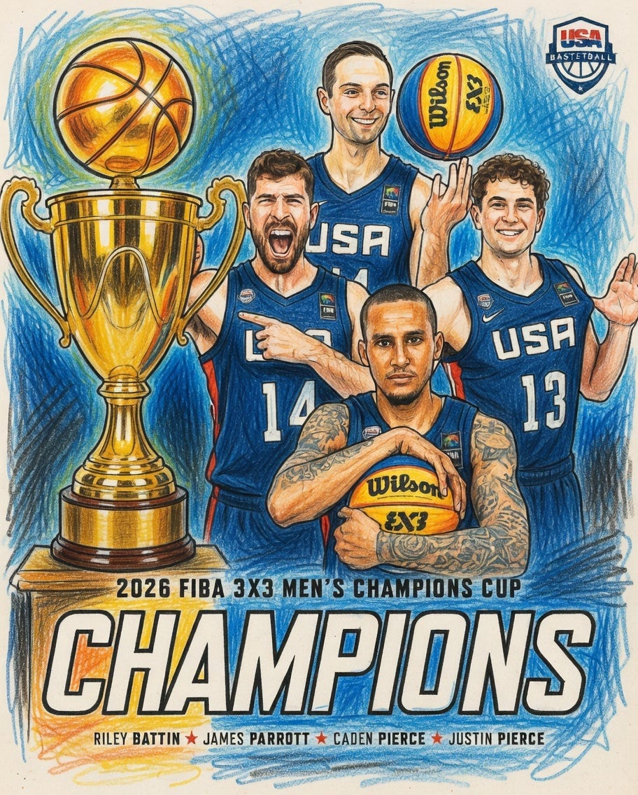 USA 3x3 team and their Champions Cup 2026 trophy