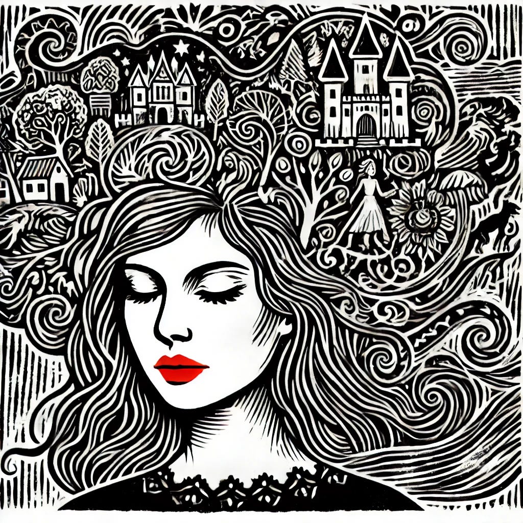 A black and white lino-cut style illustration of a woman's head, her face calm but her mind chaotic. Her hair and head are filled with intricate fairytale imagery, including castles, forests, mythical creatures, and swirling patterns, representing a storm of thoughts. The only color in the image is her bold red lips, which stand out starkly. The artwork has a hand-carved, traditional lino-cut aesthetic with strong contrasts and rich textures.