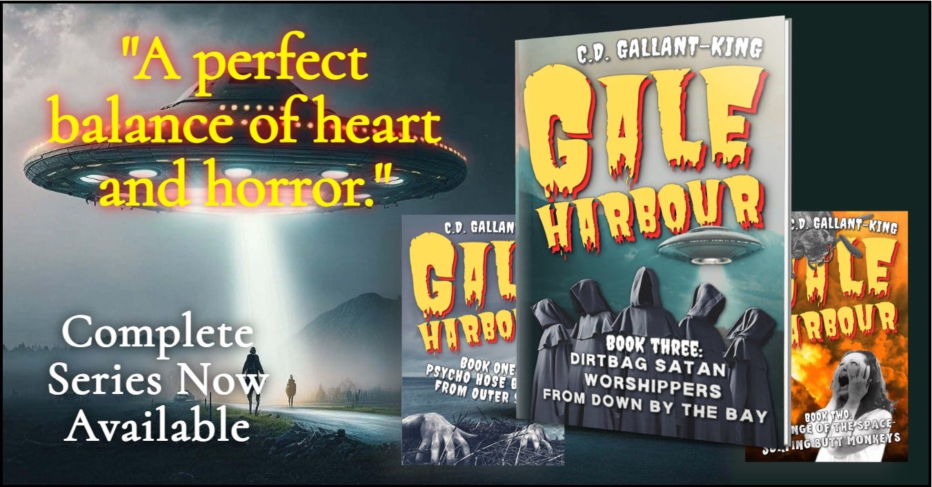 image of a ufo and book covers for CD Gallant-King's book series Gale Harbour.