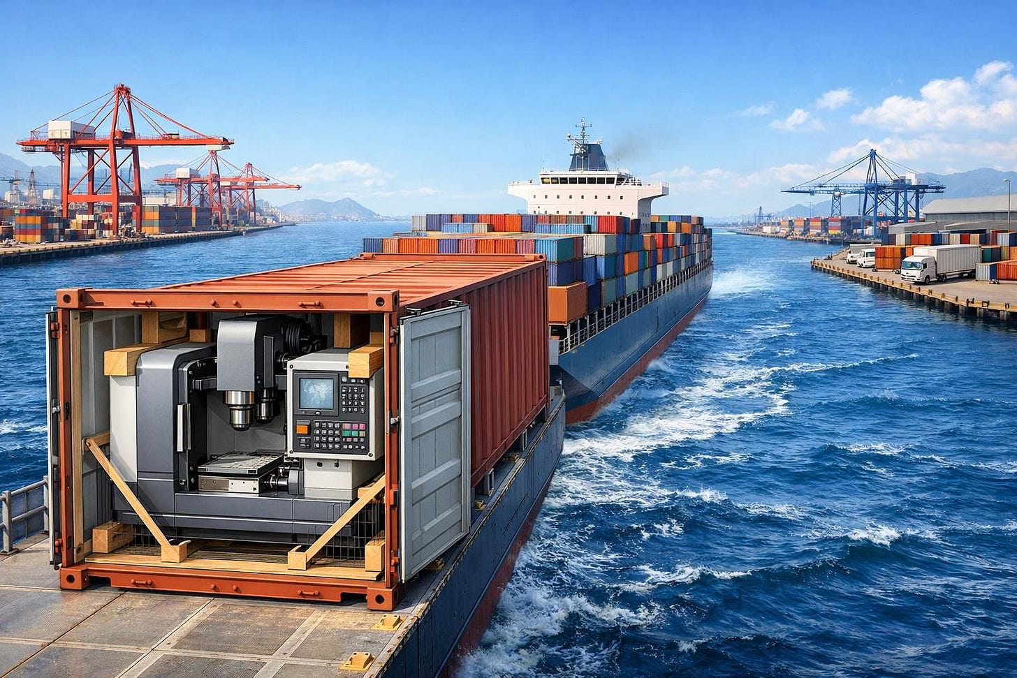 A CNC machine packed in a shipping container on a cargo ship sailing from a Chinese port toward an American port. A CNC machine packed in a shipping container on a cargo ship sailing from a Chinese port toward an American port.