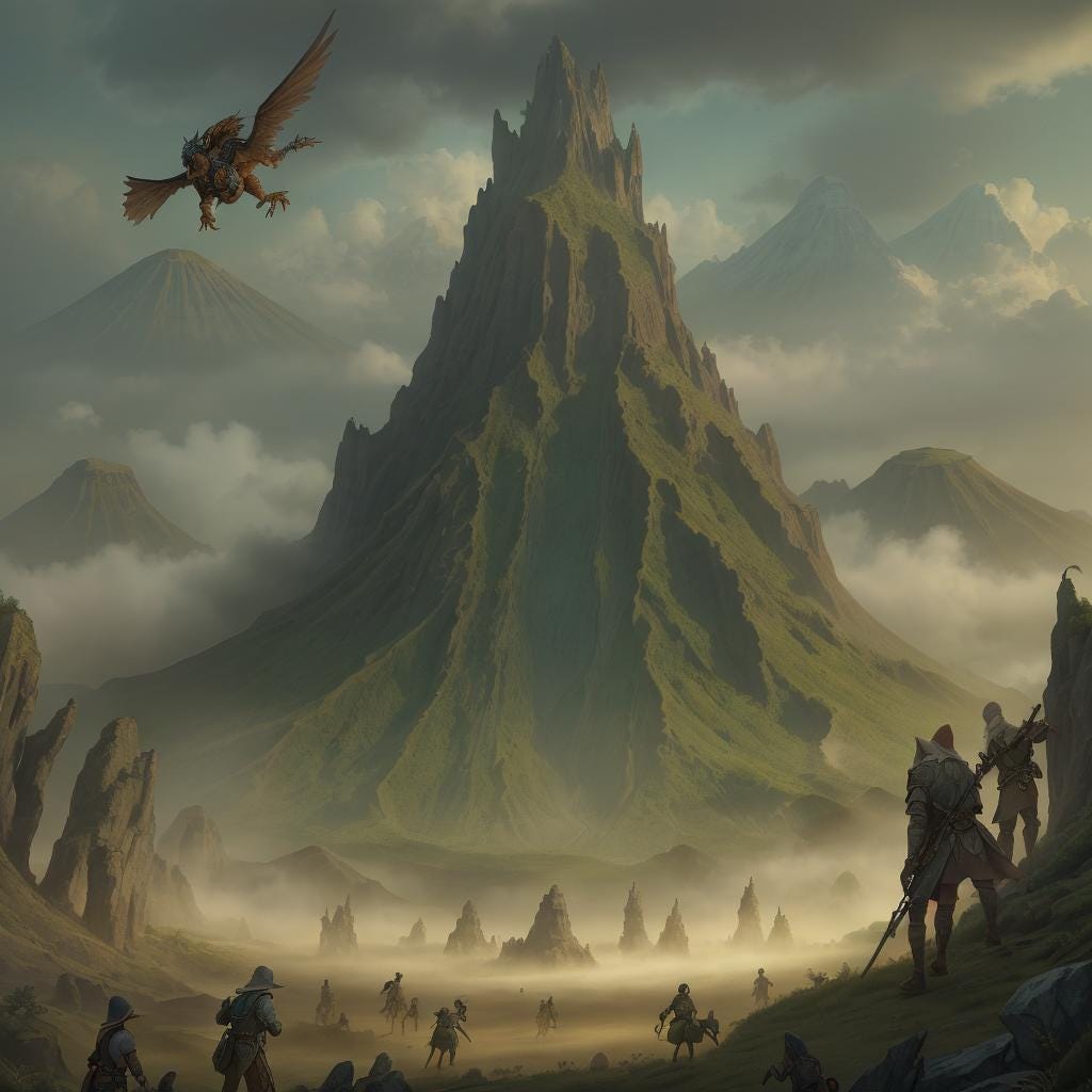 A wizard and his elf warriors are fighting a dozen lizard warriors on top of a volcano A wizard and his elf warriors are fighting a dozen lizard warriors on top of a volcano