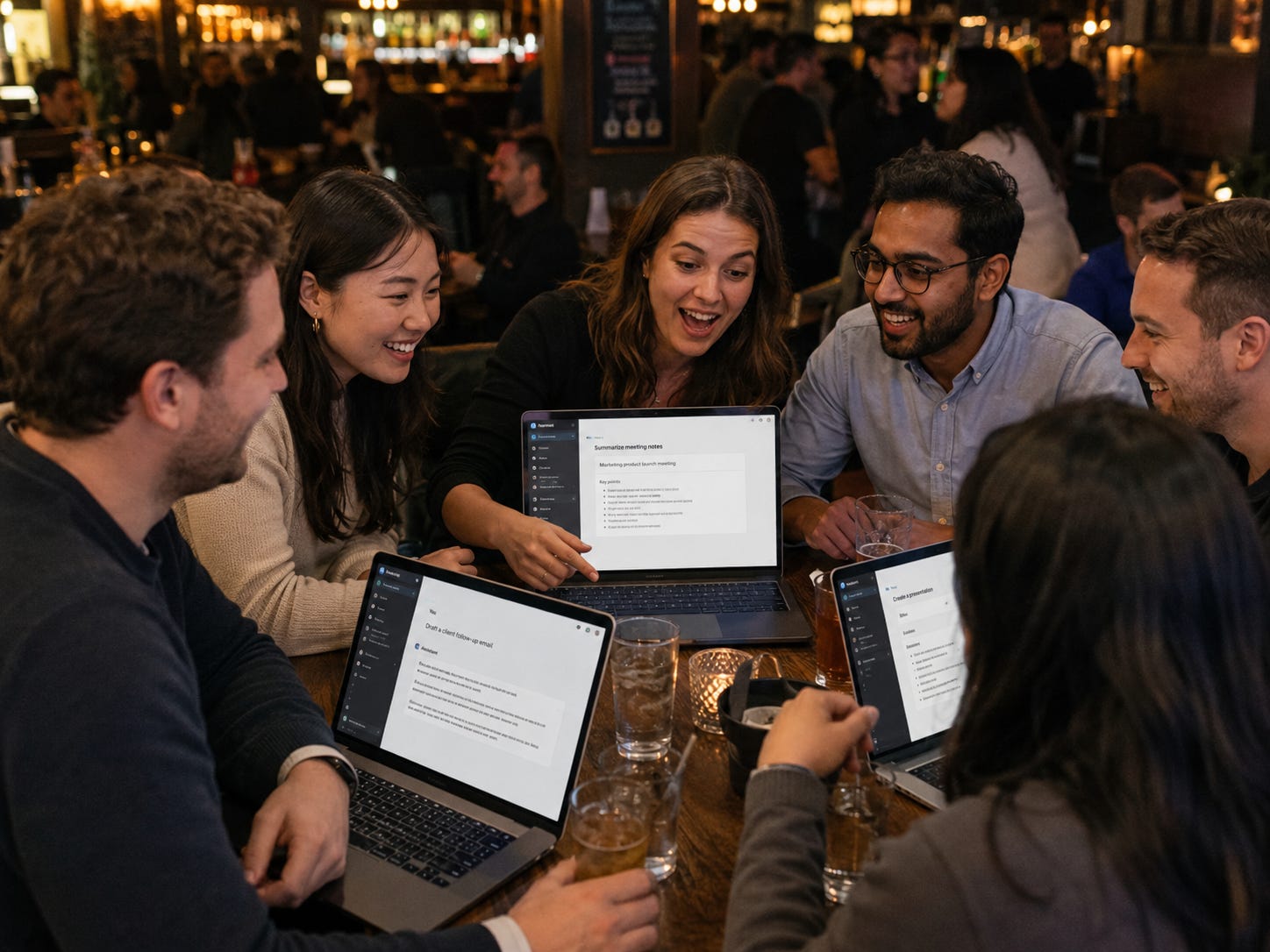 Coworkers gather at a bar after work, excitedly showing each other AI prompts and tools on laptops.