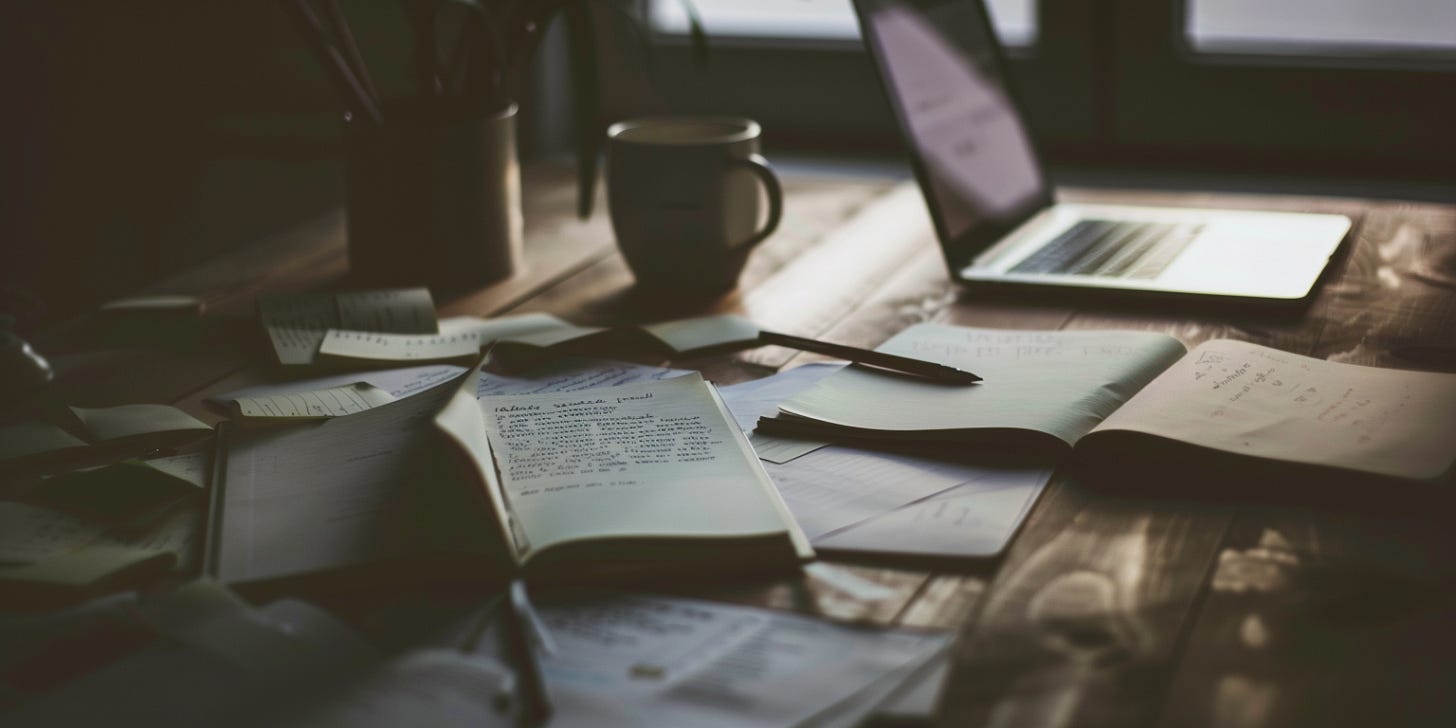 An AI-generated image of stationary and a laptop strewn all over a desk. An AI-generated image of stationary and a laptop strewn all over a desk.