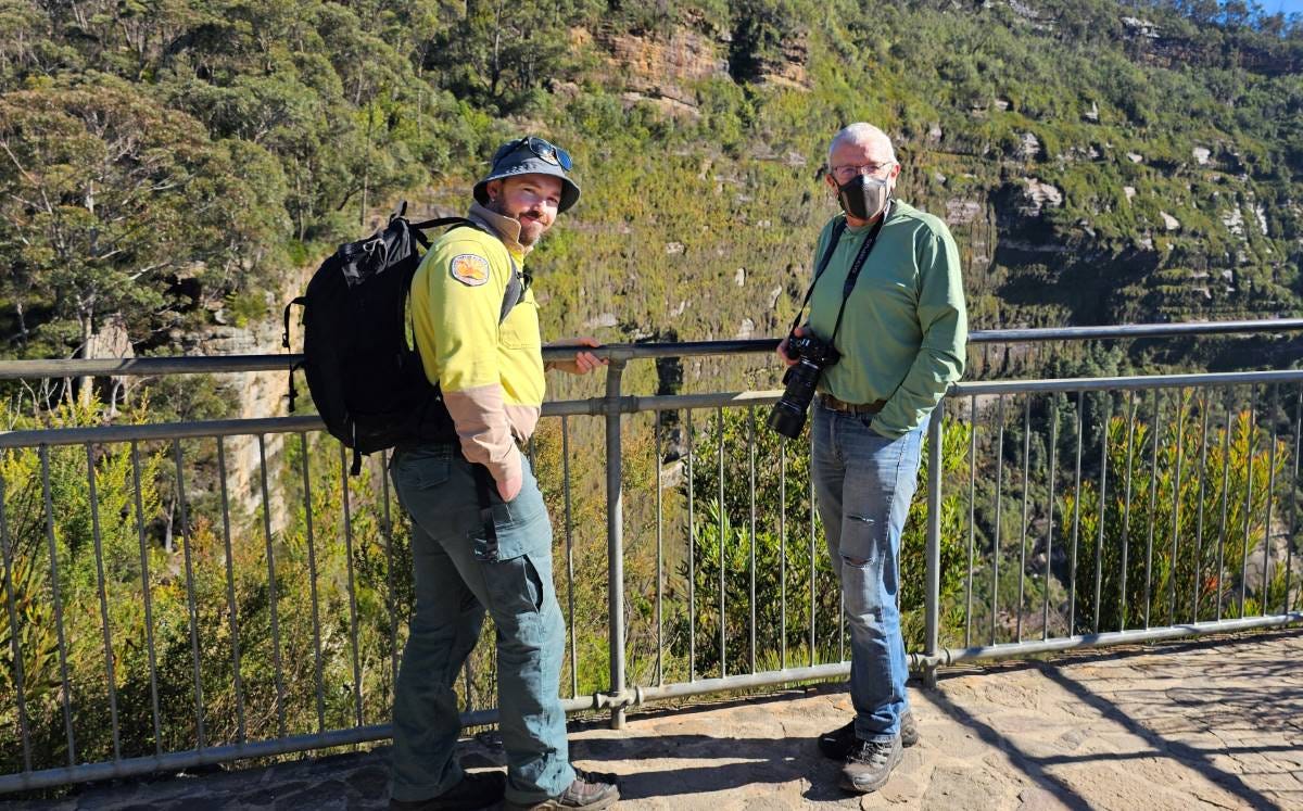 Trent and Richard with the cliff below Govetts Leap in the background