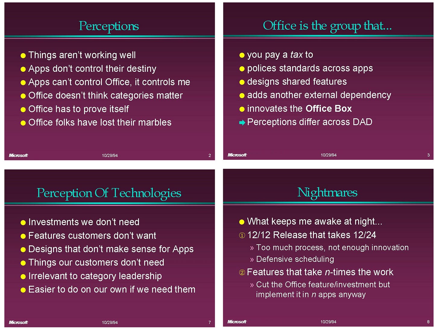 Slide: Perceptions. Things aren’t working well Apps don’t control their destiny Apps can’t control Office, it controls me Office doesn’t think categories matter Office has to prove itself Office folks have lost their marbles Slide: Office is the group that... you pay a tax to polices standards across apps designs shared features adds another external dependency innovates the Office Box Perceptions differ across DAD Slide: Perception of technologies Investments we don’t need Features customers don’t want Designs that don’t make sense for Apps Things our customers don’t need Irrelevant to category leadership Easier to do on our own if we need them Slide: Nightmares What keeps me awake at night... 12/12 Release that takes 12/24 Too much process, not enough innovation Defensive scheduling Features that take n-times the work Cut the Office feature/investment but implement it in n apps anyway Slide: Perceptions. Things aren’t working well Apps don’t control their destiny Apps can’t control Office, it controls me Office doesn’t think categories matter Office has to prove itself Office folks have lost their marbles Slide: Office is the group that... you pay a tax to polices standards across apps designs shared features adds another external dependency innovates the Office Box Perceptions differ across DAD Slide: Perception of technologies Investments we don’t need Features customers don’t want Designs that don’t make sense for Apps Things our customers don’t need Irrelevant to category leadership Easier to do on our own if we need them Slide: Nightmares What keeps me awake at night... 12/12 Release that takes 12/24 Too much process, not enough innovation Defensive scheduling Features that take n-times the work Cut the Office feature/investment but implement it in n apps anyway