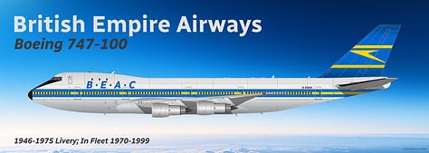 PLACEHOLDER: Boeing 747-100 in (1) classic 1946-1975 livery of British Empire Airways Corporation (BEAC) livery; (2) a 747-100 in 1975-1982 livery of its successor, British Global Airways (BGA); and 3) a 747-100B with Rolls-Royce engines in 1982-1999 livery of AirUK, the current generation version of the carrier..