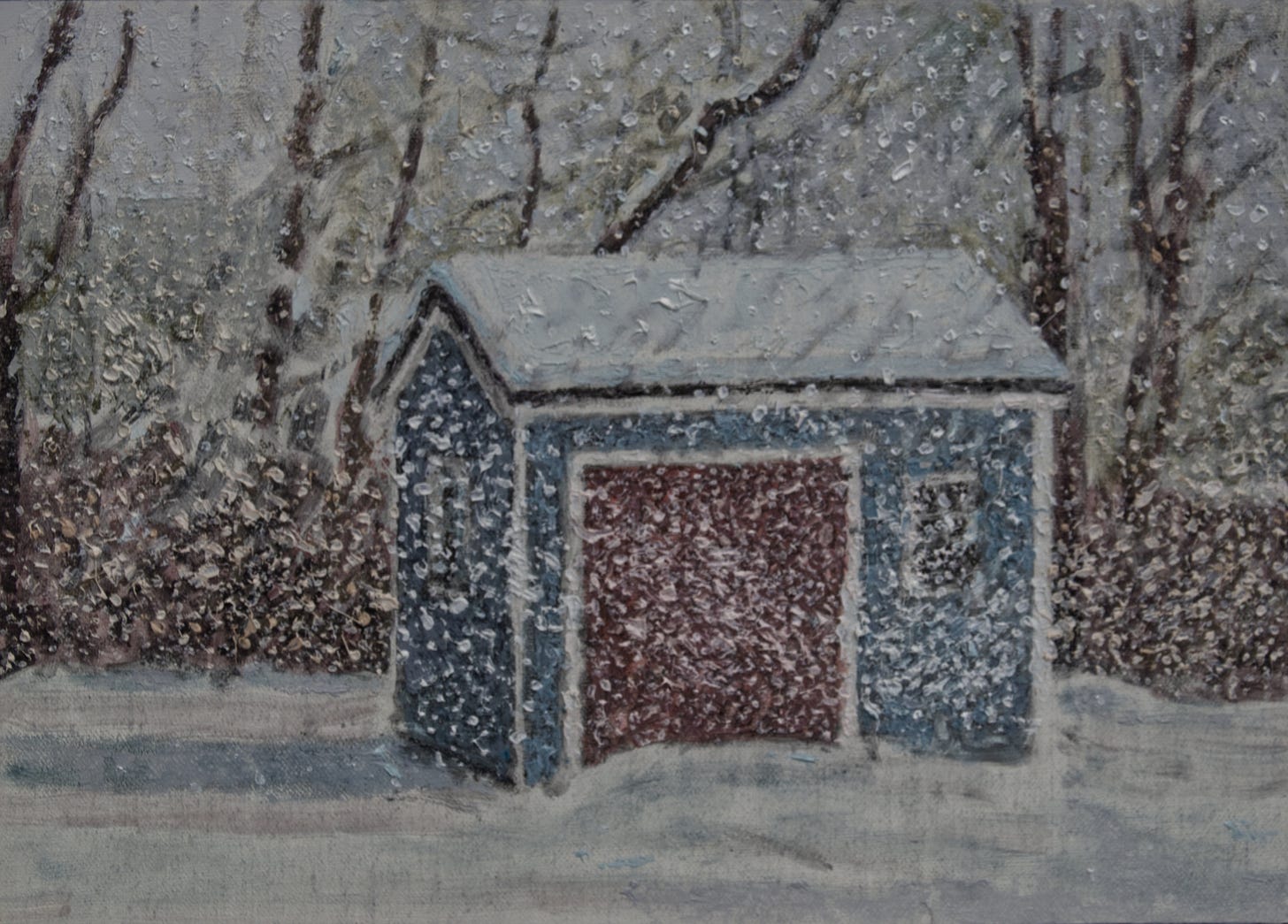 A dense snowstorm engulfs a blue and red shed against a backdrop of trees and underbrush A dense snowstorm engulfs a blue and red shed against a backdrop of trees and underbrush