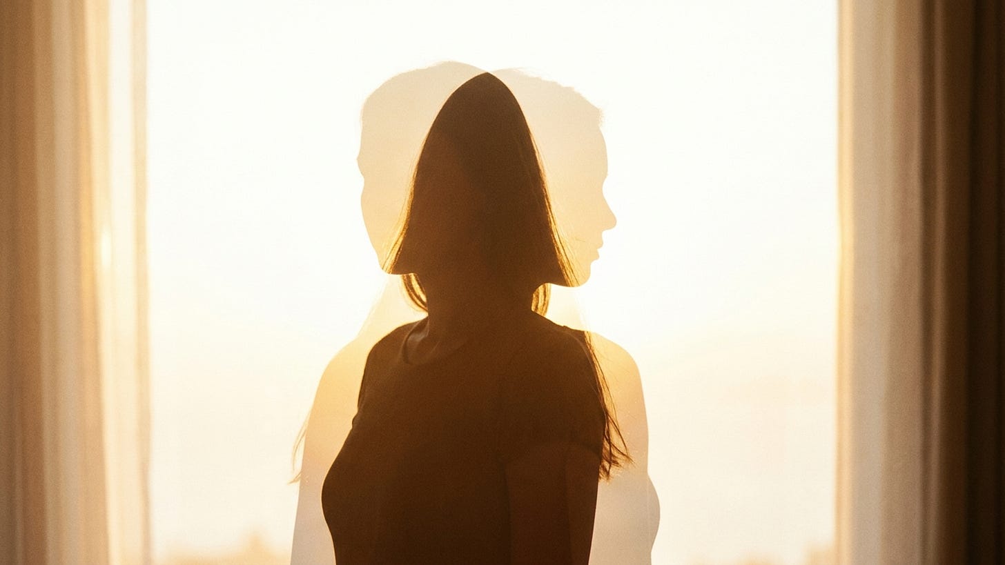 A woman's silhouette stands at a bright dawn window, doubled into a second, slightly offset ghost of herself — the same shape drifting apart like a self you recognize and a stranger you almost know. Warm golden light, no face shown.