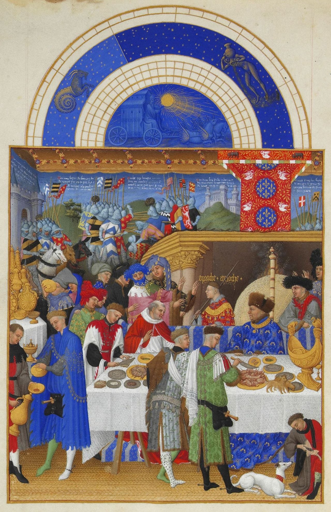 Limbourg Brothers, Très Riches Heures, a richly painted calendar page of a January feast