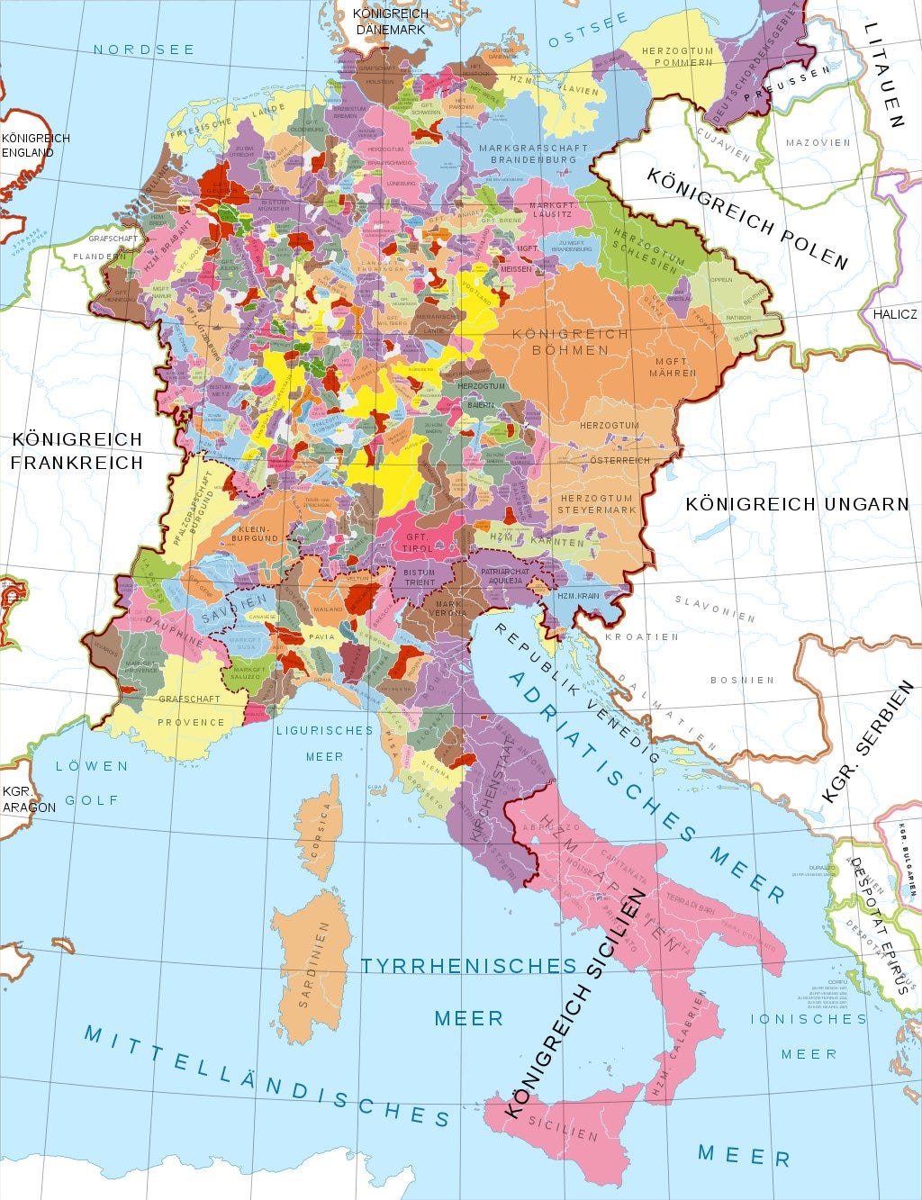Holy Roman Empire under Emperor Friedrich (Also King of Sicily), taken from https://en.wikipedia.org/wiki/Holy_Roman_Empire#/media/File:Mitteleuropa_zur_Zeit_der_Staufer.svg