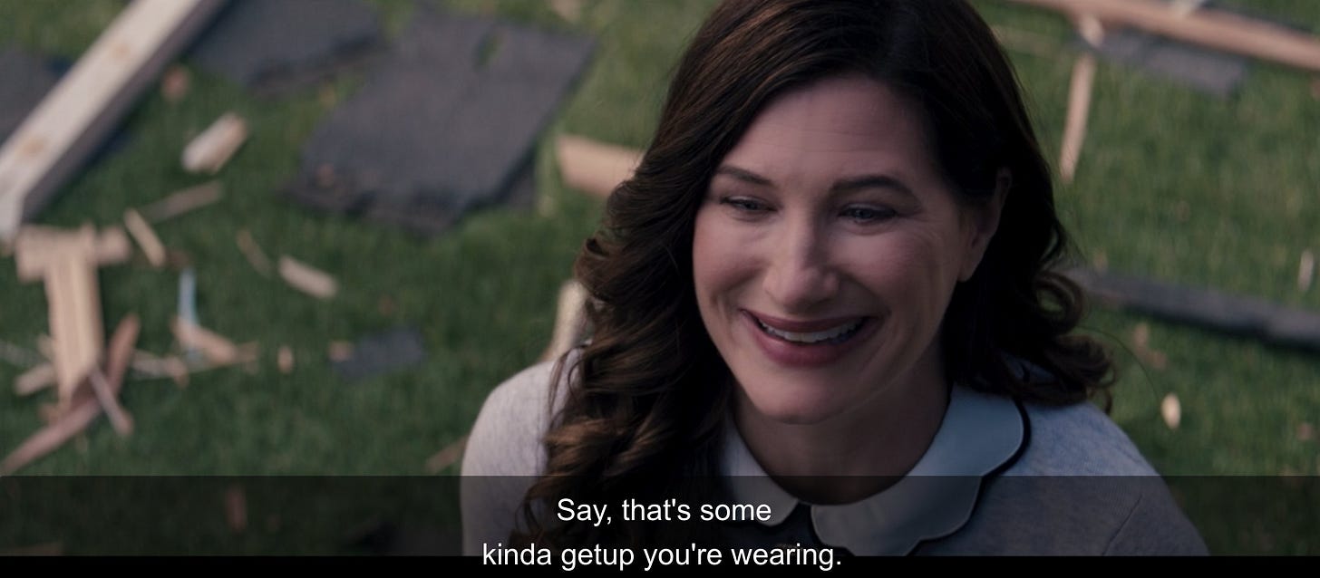 Hahn in a clean white shirt, with the subtitle "Say, that's some kinda getup you're wearing"