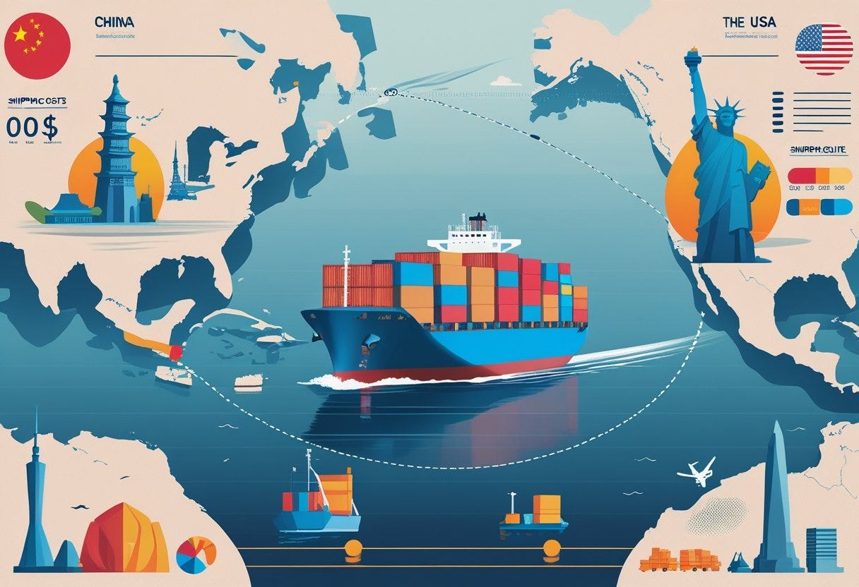 A cargo ship sailing across the ocean between China and the USA, with maps of both countries and a shipping route connecting them. A cargo ship sailing across the ocean between China and the USA, with maps of both countries and a shipping route connecting them.